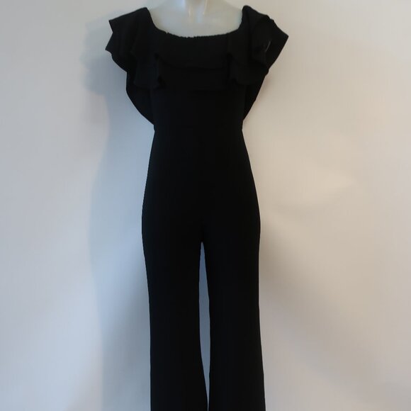 Women Intermix Mae Black Crepe Ruffled Off-The Shoulder Jumpsuit 2 - Picture 3 of 16